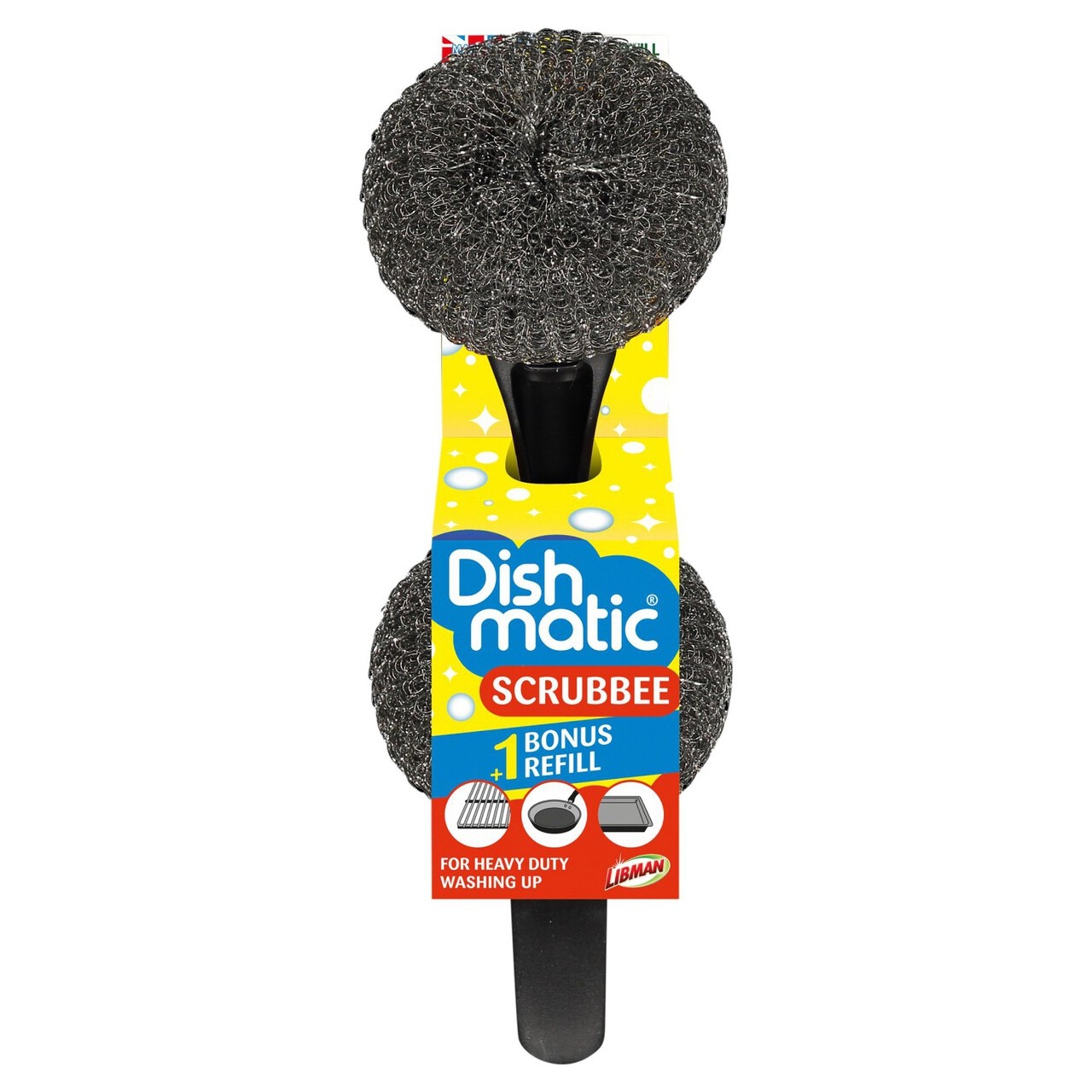 Black metal scrubber with a plastic handle, featuring a colorful packaging labeled "Dishmatic Scrubbee +1" and a bonus refill for heavy-duty washing.