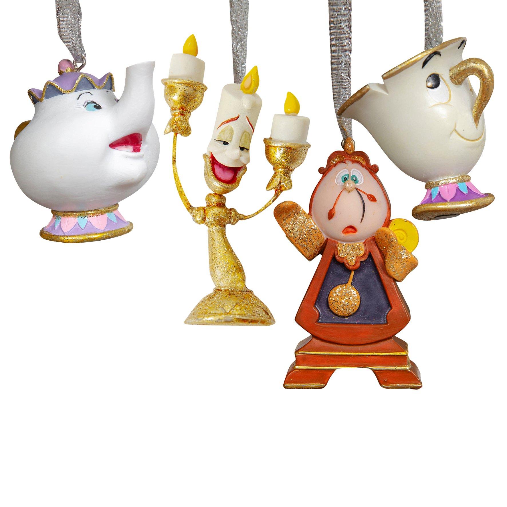 Set of 4 resin hanging decorations featuring characters from Beauty and the Beast: a teapot, a candlestick, a clock, and a cup, each with vibrant colors and intricate details.