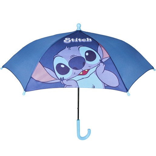 Blue umbrella featuring a playful Stitch character from Disney, with a curved blue handle and a vibrant graphic print on the canopy.
