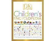 Colorful cover of "DK Children's Encyclopedia" featuring a rainbow title, illustrations of various objects, and a gold border, emphasizing its educational theme.