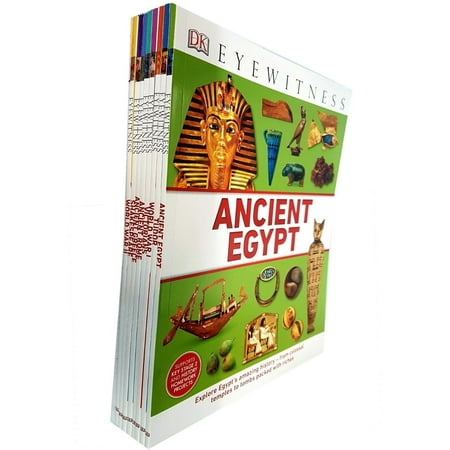 Seven colorful hardcover books from the DK Eyewitness collection, featuring titles on Ancient Egypt, Tudor, Victorians, and Ancient Rome, with vibrant illustrations on the covers.