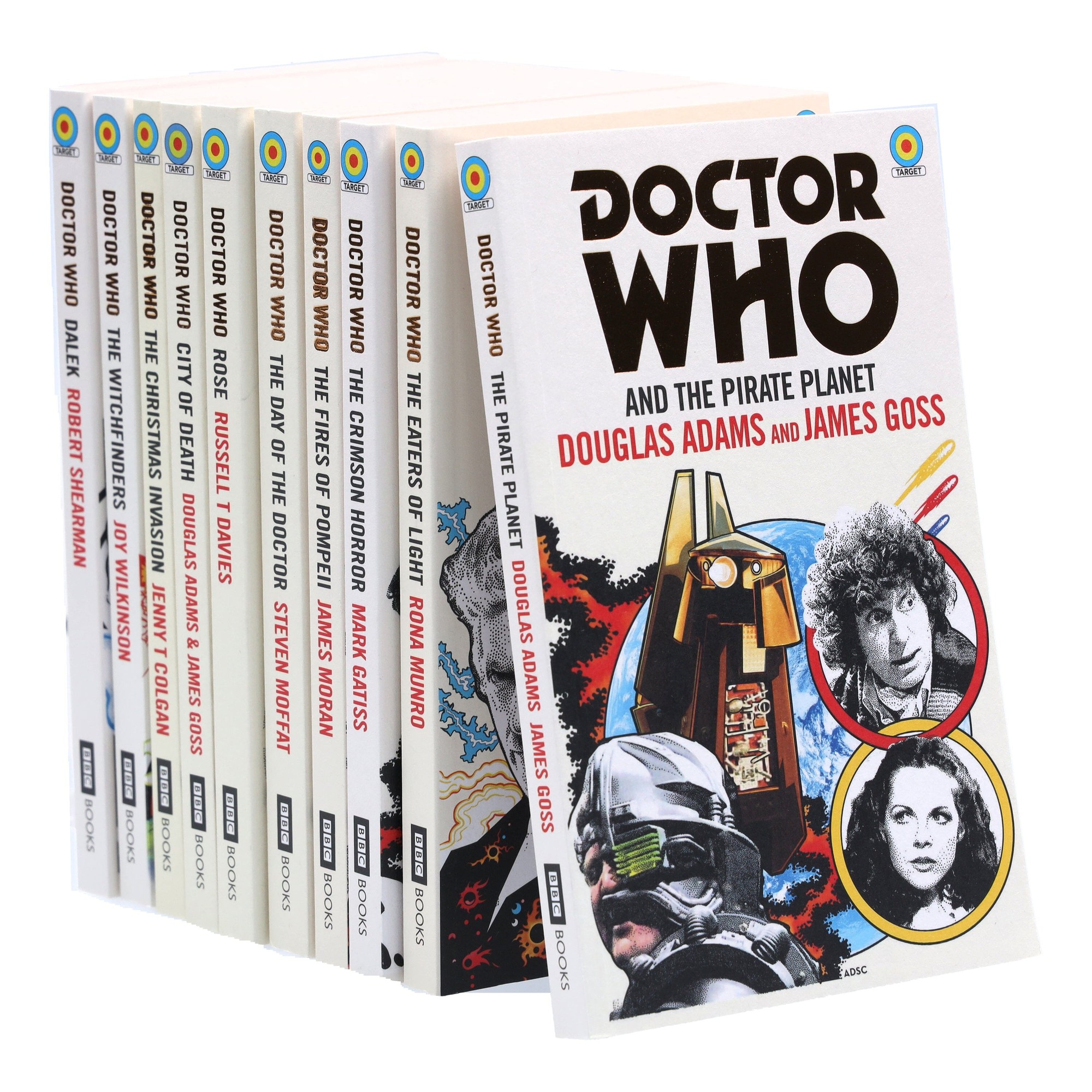 A collection of ten paperback books from the "Doctor Who" series, featuring colorful covers with various characters and titles, stacked neatly with a white background.