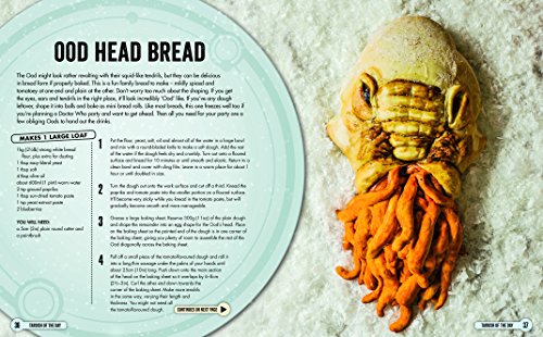 A whimsical bread shaped like an Ood from Doctor Who, featuring a textured, golden-brown crust, a detailed face, and a bright orange beard, set against a light blue background.