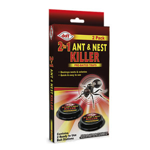 Doff 2 in 1 Ant & Nest Killer X2 packaging features a bold red and black design with the product name prominently displayed, containing two pre-baited traps for easy use.
