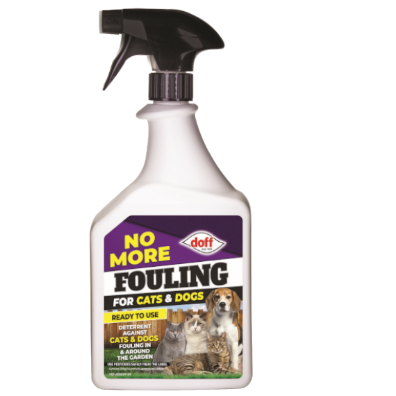 White plastic spray bottle with a black trigger, labeled "NO MORE FOULING" in bold yellow and purple text, featuring images of a cat and dog, designed as a pet deterrent for gardens.