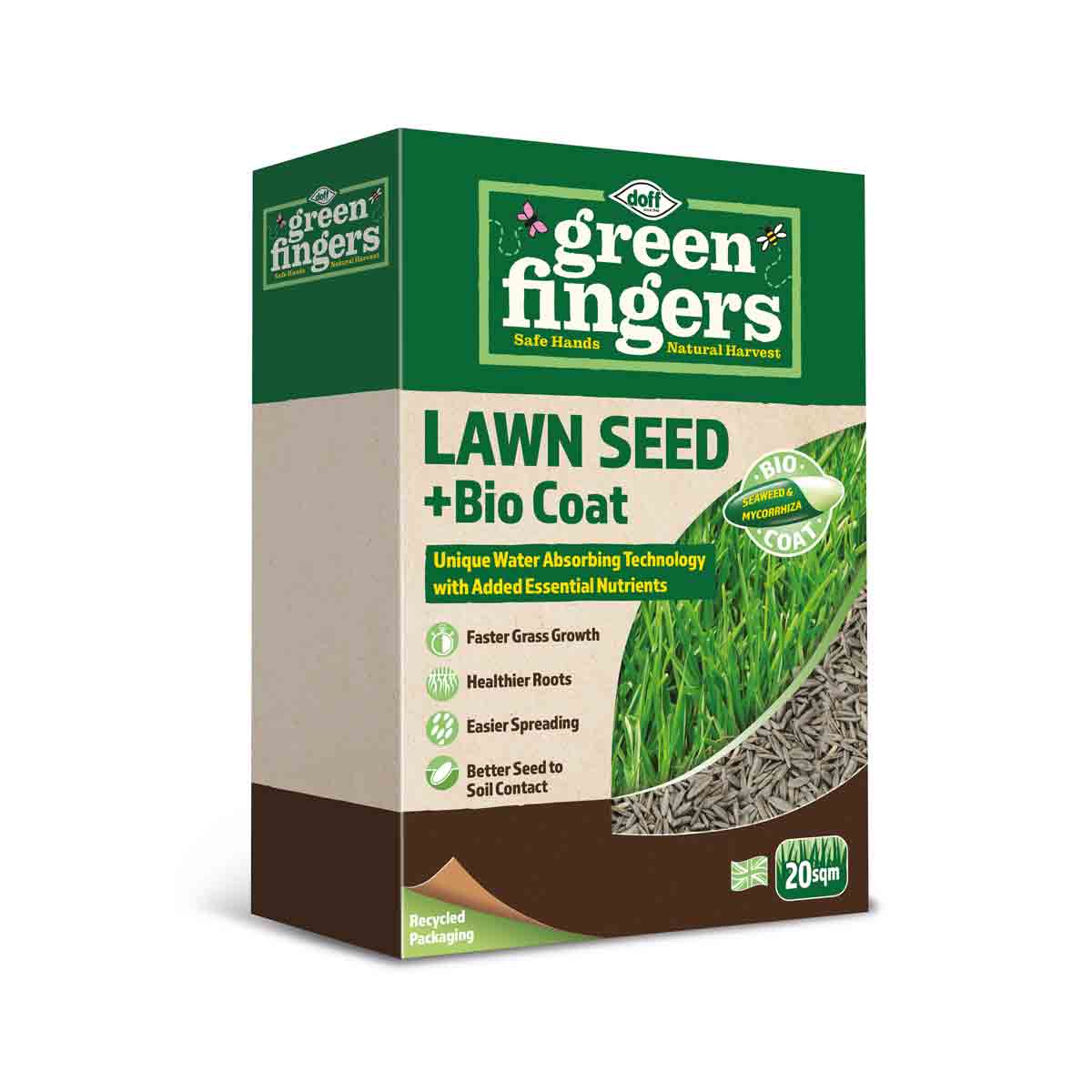 Green Fingers Lawn Seed + Bio Coat by Doff in a green and white box, featuring grass imagery, highlights faster growth, healthier roots, and eco-friendly packaging details.