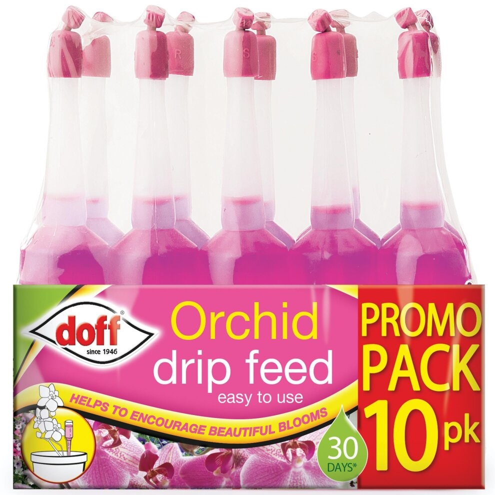 Ten pink plastic orchid drip feeders in a clear pack, labeled "Doff Orchid Drip Feeders," promoting easy use and encouraging blooms for 30 days.