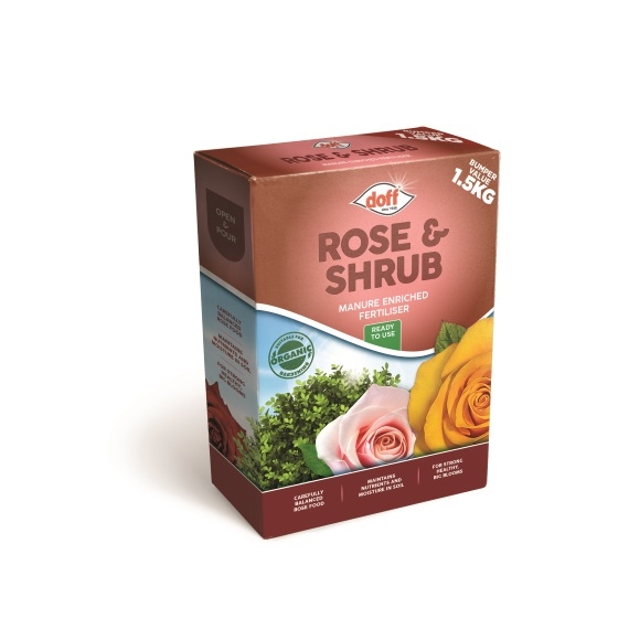 Doff Rose & Shrub Feed box in brown and orange, featuring a yellow and pink rose graphic, labeled as manure enriched fertilizer, 1.5kg, with a green plant background.