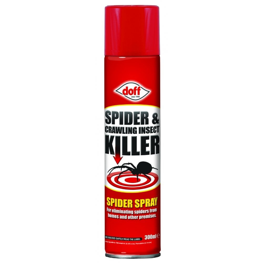 Red aerosol can labeled "Doff Spider & Crawling Insect Killer," featuring a black spider graphic and bold white text, with a 300ml capacity for indoor pest control.