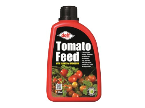 Red plastic bottle of Doff Tomato Feed Concentrate, 1 litre, featuring a black cap, labels with text and images of tomatoes, highlighting benefits for healthy growth.