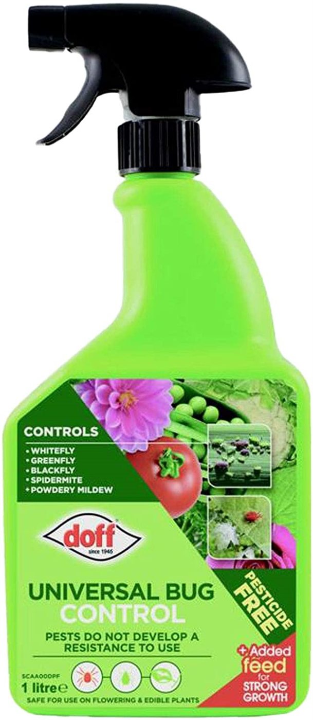 Bright green plastic spray bottle with a black trigger, labeled "Doff Universal Bug Control 1 Litre," featuring images of pests and plants, indicating pest control effectiveness.