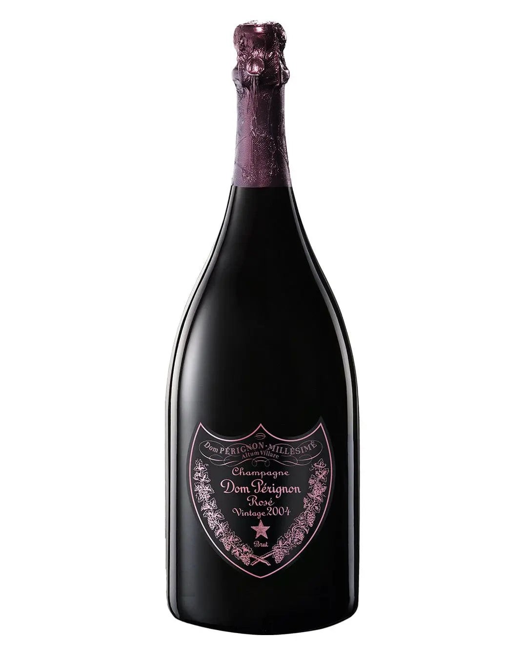 A large, dark bottle of Dom Pérignon Rosé Vintage 2004 Magnum, featuring a pink foil cap and a decorative label with a heart-shaped design.