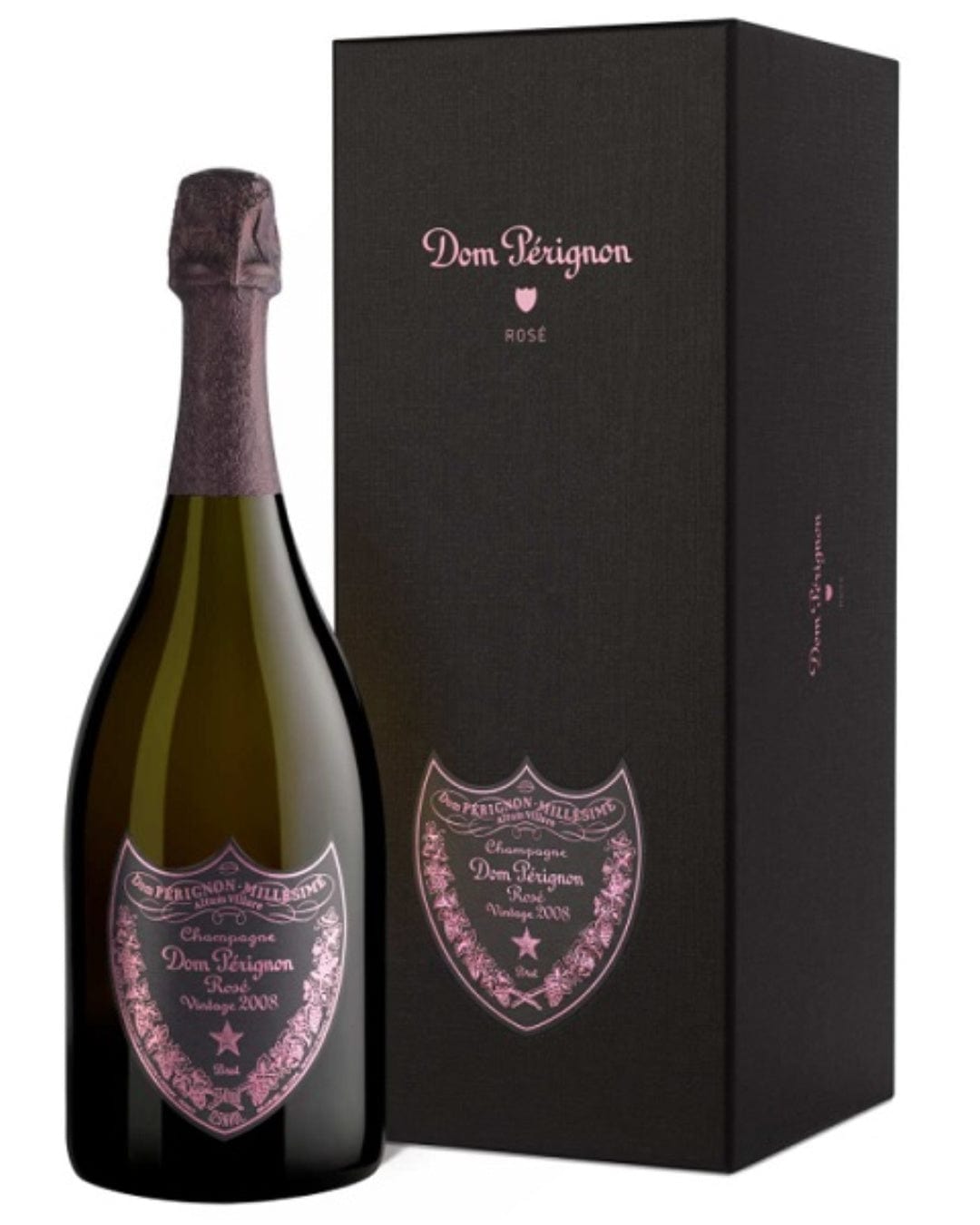 Dom Perignon Rosé Vintage 2008 bottle with a dark green glass body and pink label, presented in a sleek black gift box featuring elegant branding.