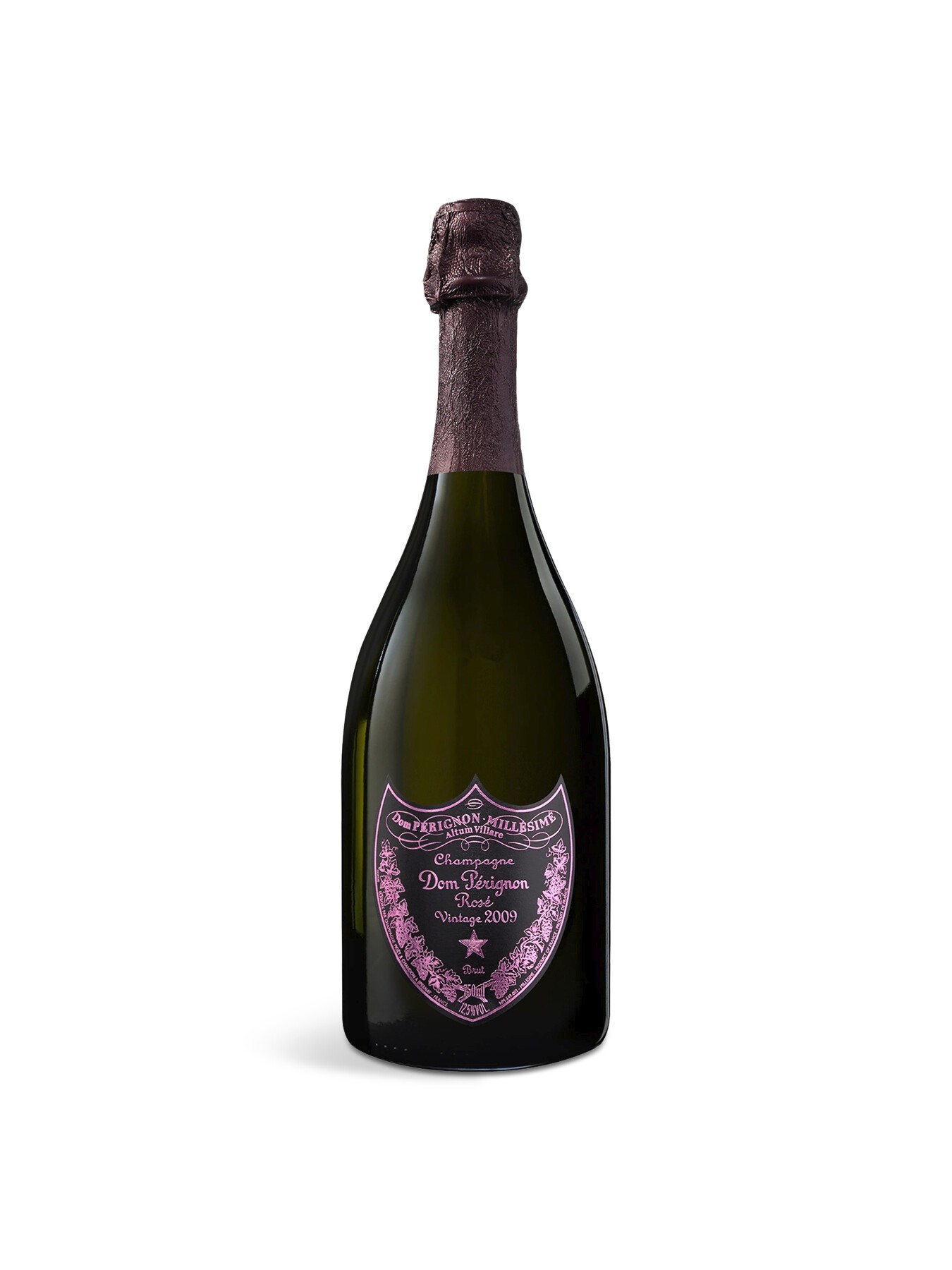 Dom Perignon Rosé Vintage 2009 bottle with a dark green glass body, a textured purple foil capsule, and a pink label featuring ornate detailing, presented in a sleek gift box.