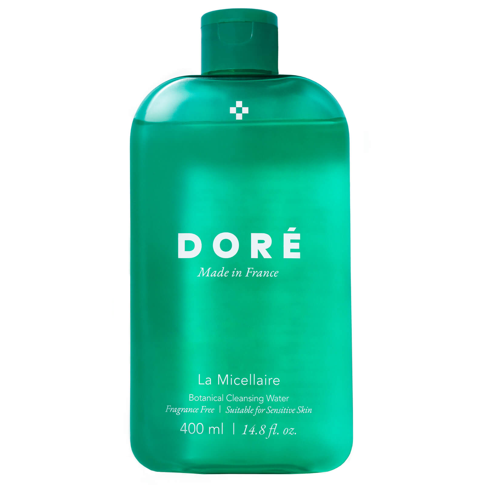 Transparent turquoise bottle with a rounded shape, featuring white text that reads "Doré" and "La Micellaire," labeled as fragrance-free and suitable for sensitive skin.