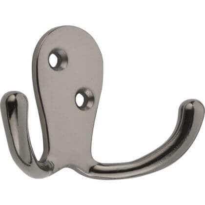 Wide double robe hook in black nickel finish, featuring a sleek design with two curved hooks and mounting holes for wall or door installation.