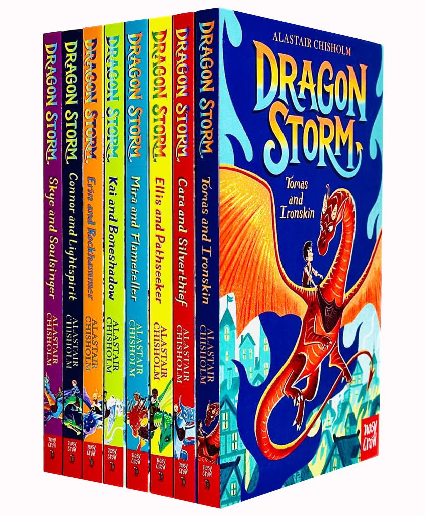 Colorful book set featuring "Dragon Storm" series by Alastair Chisholm, with vibrant covers depicting dragons and fantasy themes, arranged in a stacked formation.