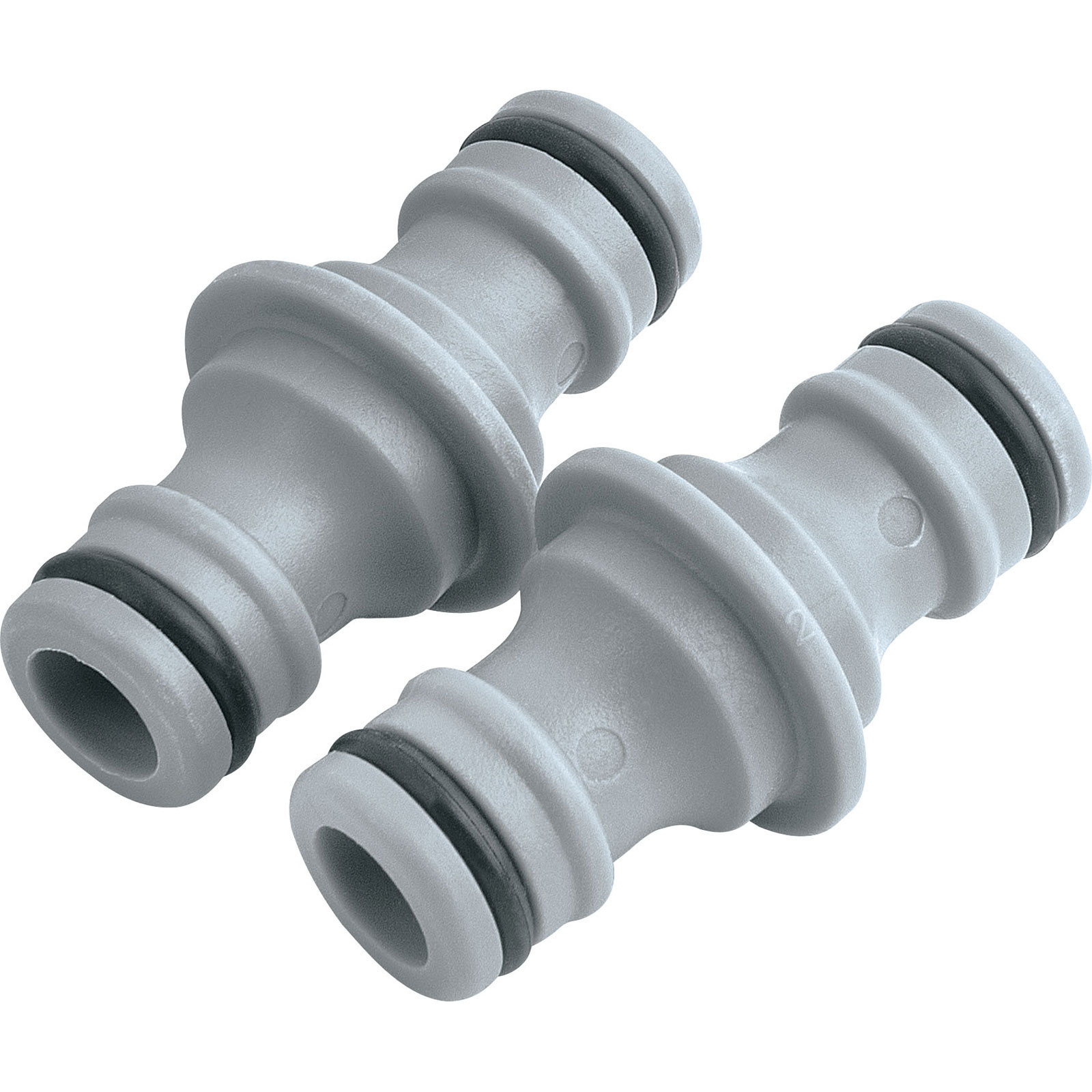 Two gray plastic hose connectors with black rubber O-rings, designed for connecting two hoses, presented in a twin pack.