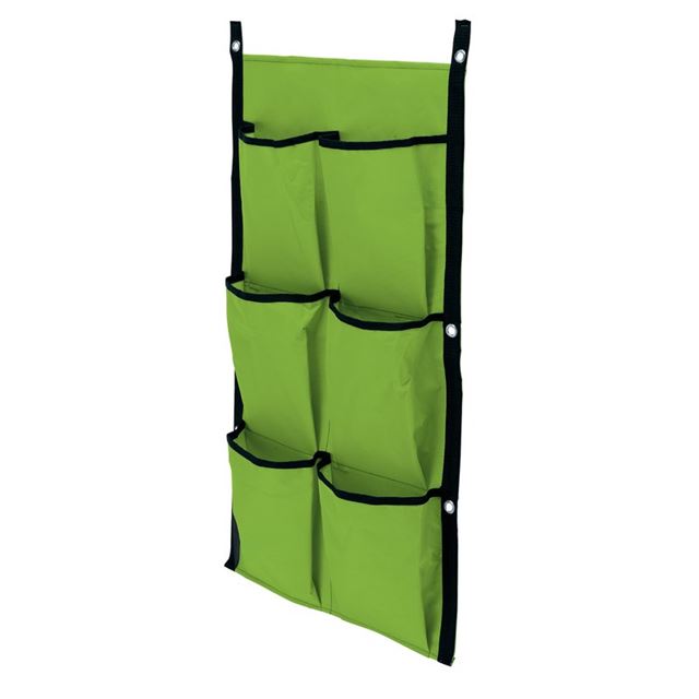 Vertical hanging grow bag in bright green Oxford fabric with six sections, featuring black trim and snap fasteners for easy wall mounting.