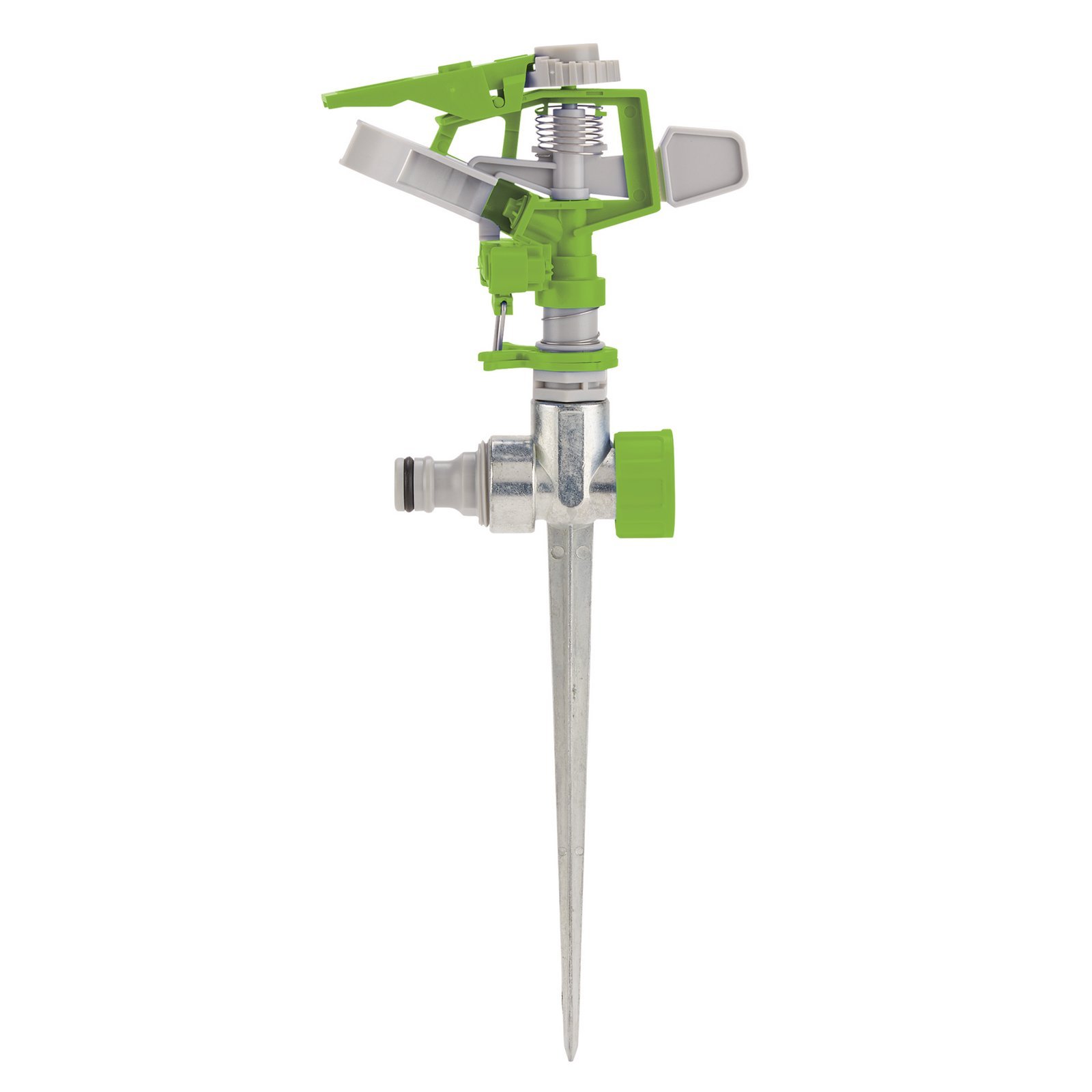 Green and silver adjustable plastic impulse sprinkler with a metal spike base, featuring a rotating head and a water flow control knob.