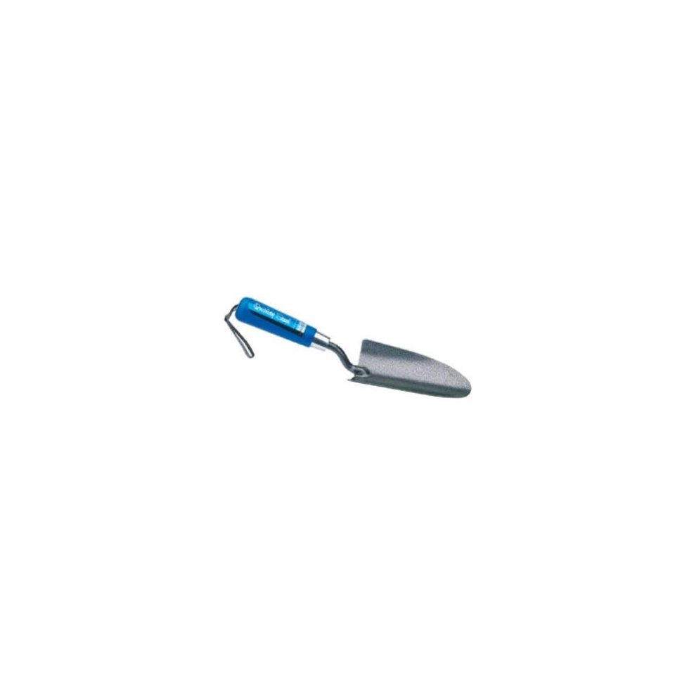 Heavy-duty hand trowel with a carbon steel blade and a blue ergonomic handle, designed for durability and ease of use in gardening or construction tasks.