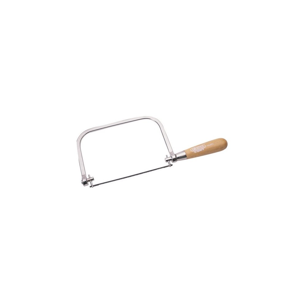 Draper Expert Coping Saw with a silver metal frame and a wooden handle, featuring a fine-toothed blade for intricate cutting tasks.
