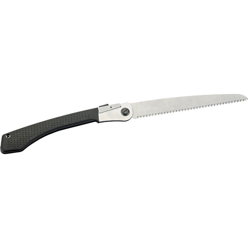 270mm folding pruning saw with a stainless steel blade and a black rubber grip handle, featuring a serrated edge for efficient cutting.