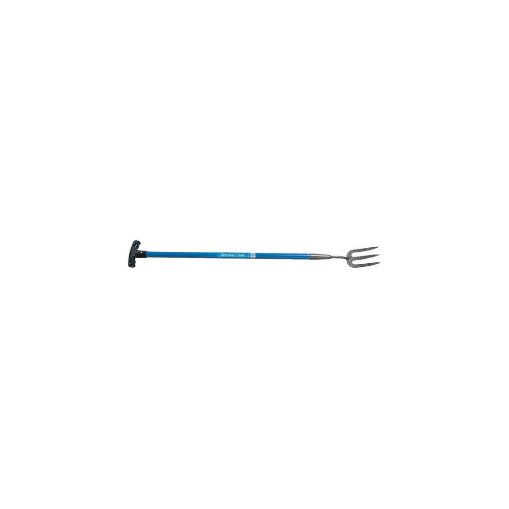 Extra long carbon steel hand fork with a blue handle and T-shaped grip, featuring three sturdy prongs for efficient gardening use.