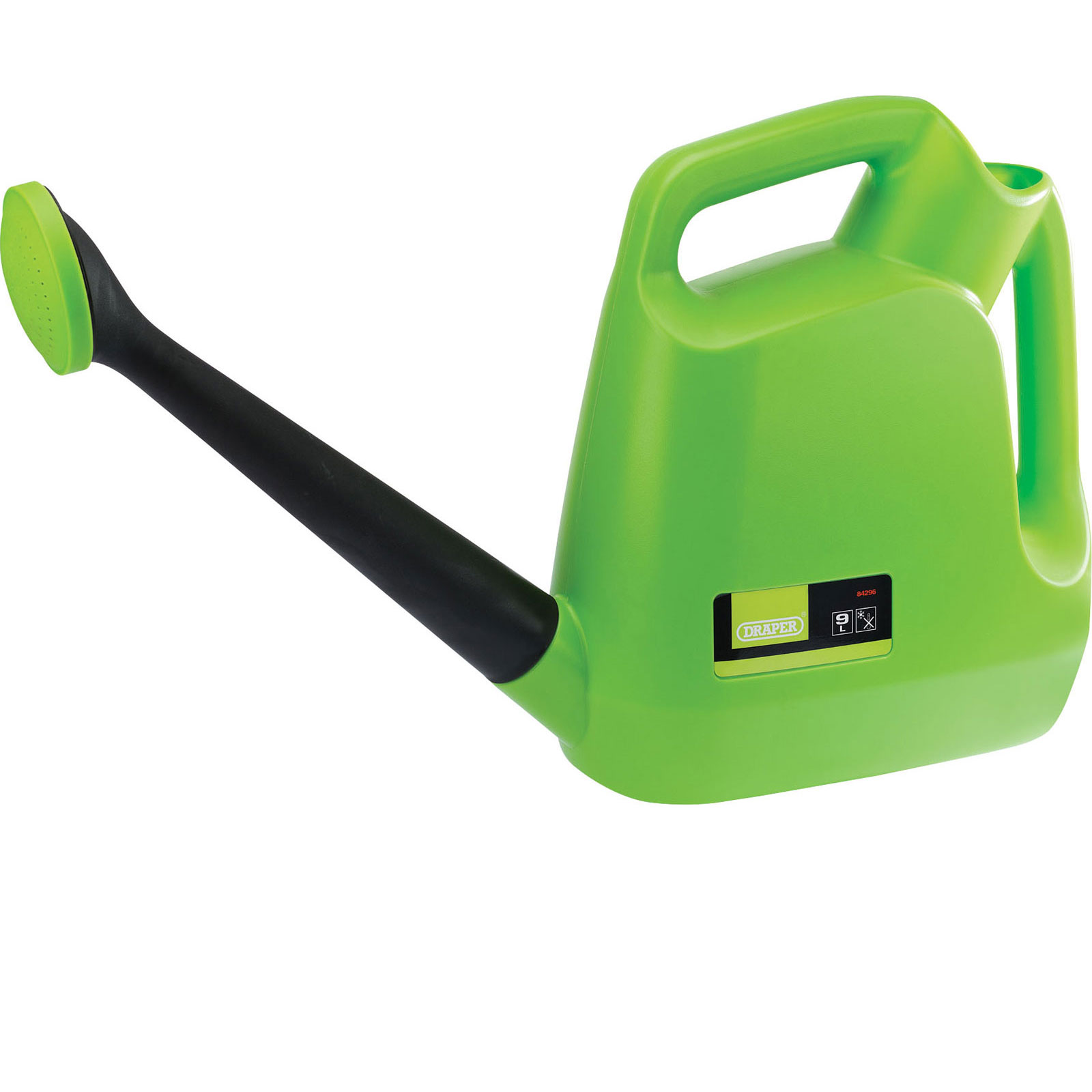 Bright green plastic watering can with a black handle and spout, featuring a 9L capacity and a simple, ergonomic design for easy pouring.