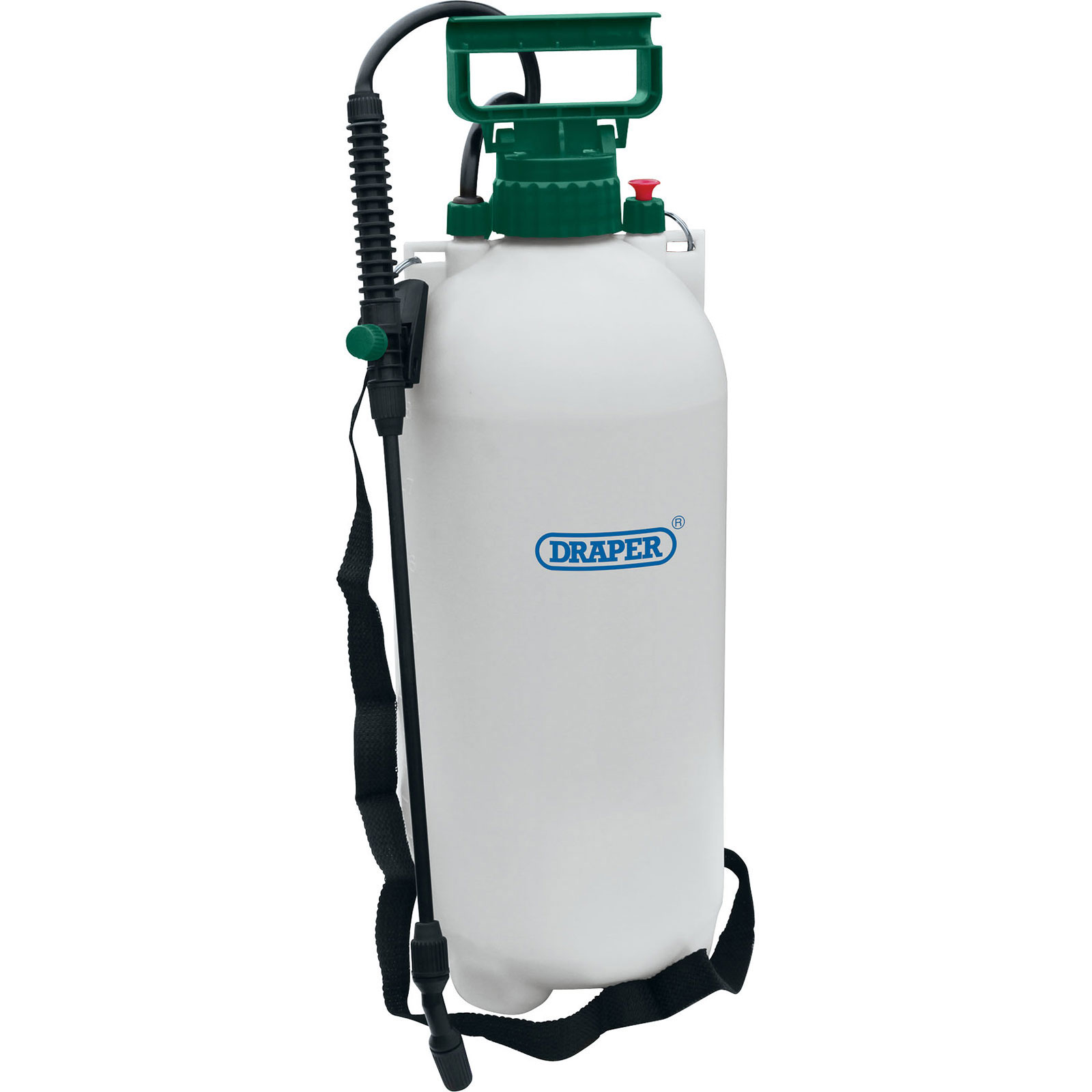 White 10L pressure sprayer with a green handle and nozzle, featuring a black strap for carrying, and a red pressure release valve on top.