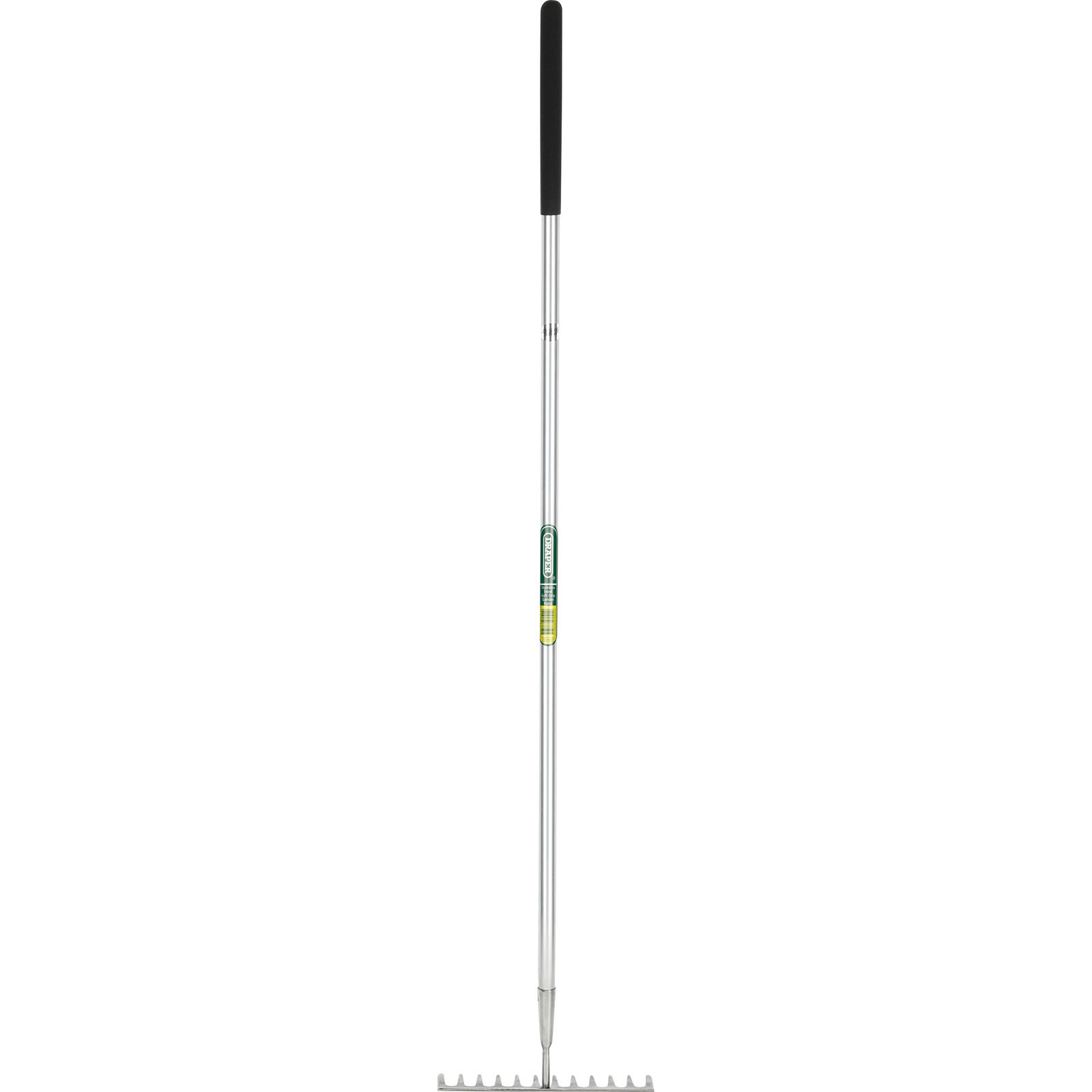 Stainless steel garden rake with a long silver handle, black soft grip, and multiple sturdy tines at the end, designed for easy soil cultivation and garden maintenance.