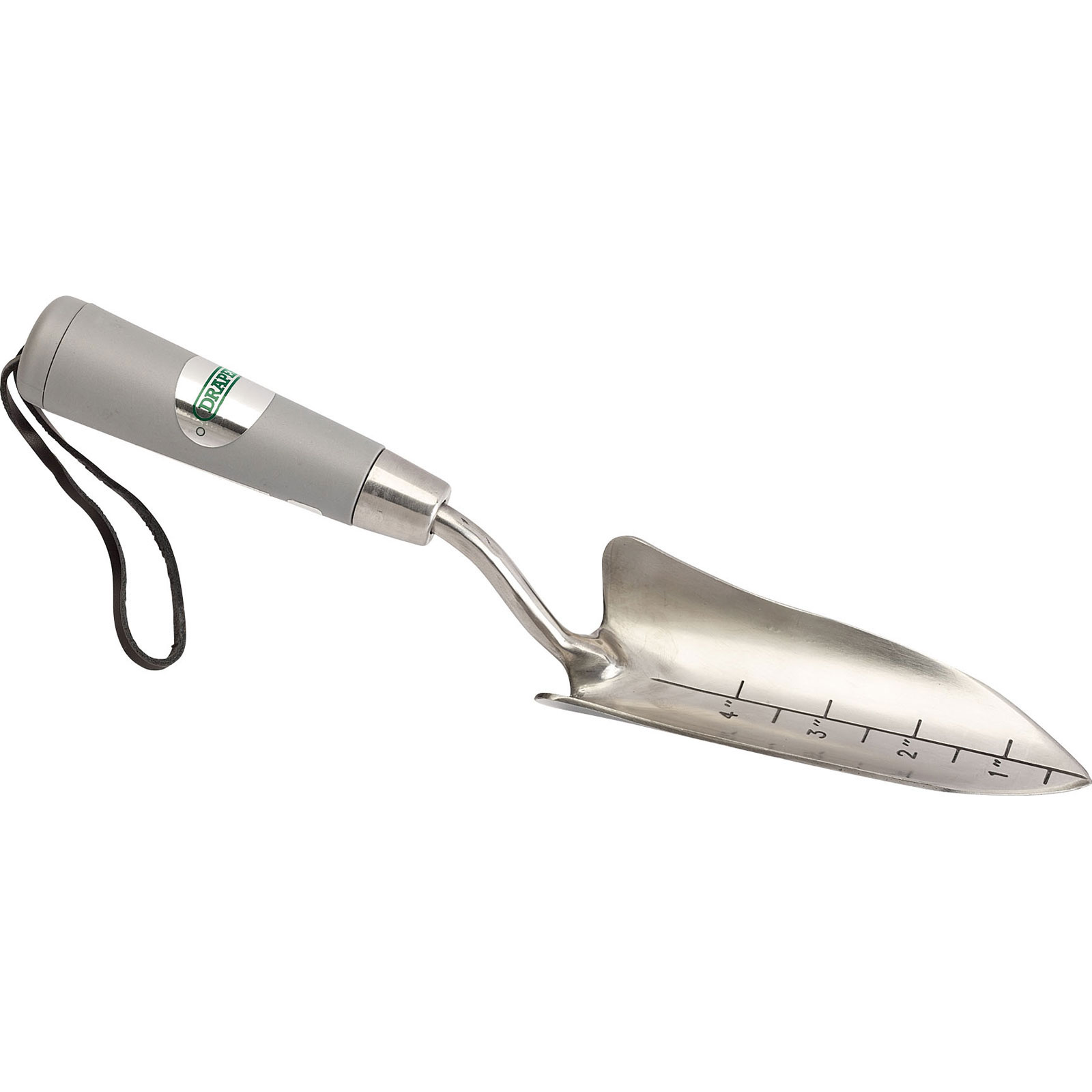 Stainless steel transplanting trowel with a pointed blade, marked with measurement lines, and a gray rubber grip handle featuring a wrist strap.