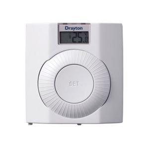 White Drayton Digistat 30002 Plus Room Thermostat with a circular dial for temperature setting, a digital display showing 25.0°C, and a sleek, modern design.
