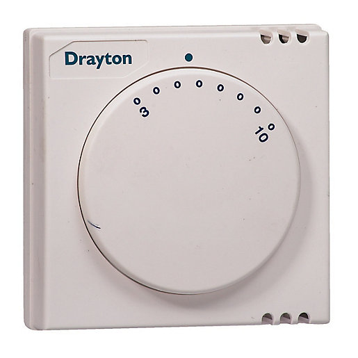 White Drayton RTS3 Frost Thermostat with a circular dial, marked from 0 to 10, featuring a blue logo and a simple, clean design suitable for wall mounting.