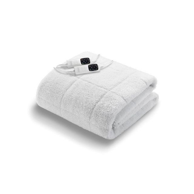 White, plush Sherpa underblanket with a quilted pattern, featuring dual control settings for adjustable warmth, designed for a king-sized bed.
