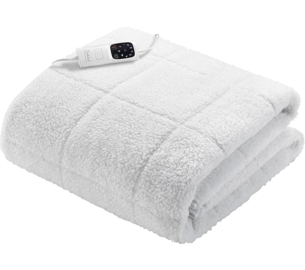 White, fluffy Sherpa underblanket with a quilted texture and a control panel for adjustable heat settings, designed for single beds.