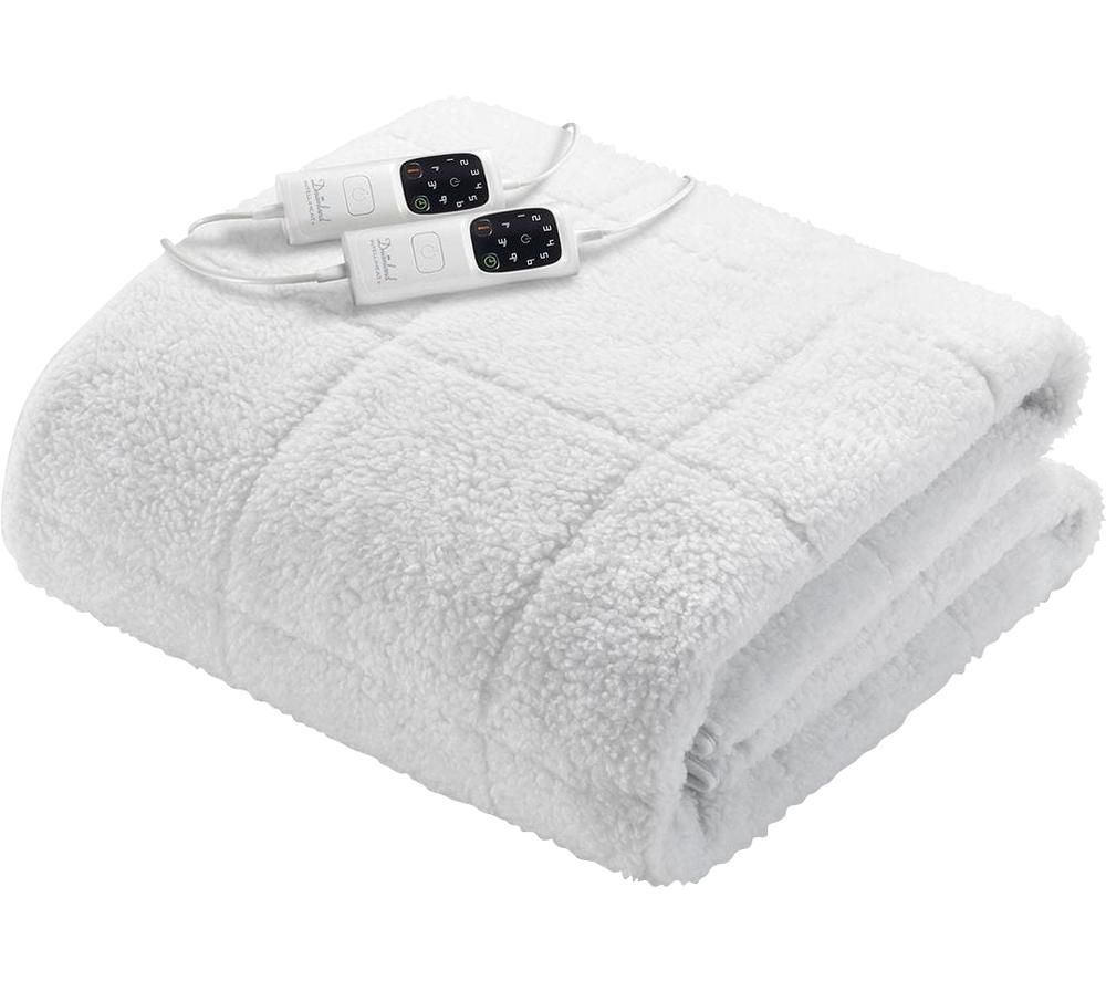Super King dual underblanket in soft white Sherpa material, featuring a quilted design and two attached control units for adjustable heat settings.