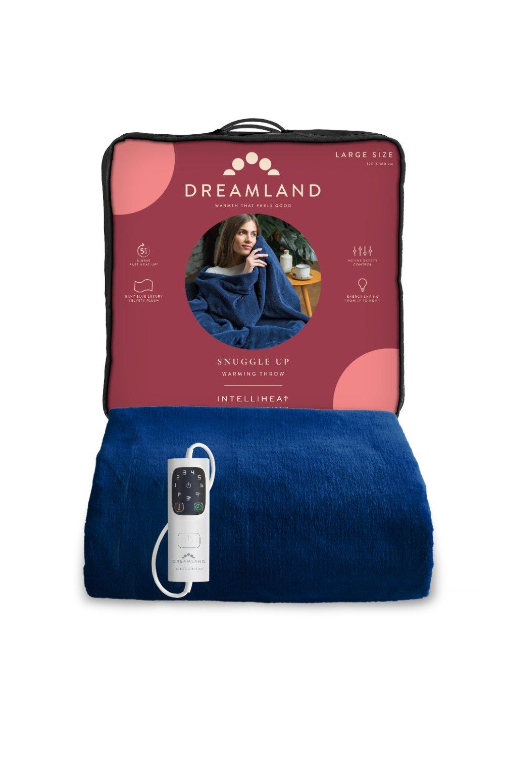 Navy velvet warming throw measuring 120x160cm, featuring a remote control for temperature adjustment, packaged in a stylish red and pink box with a model snuggling.