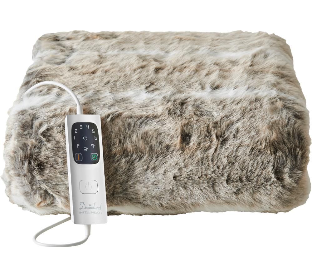 Luxurious faux fur warming throw in soft grey and white tones, featuring a remote control with multiple heat settings for cozy comfort.