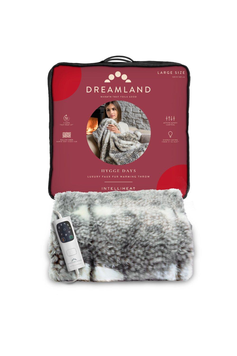 Soft, grey and white faux fur throw blanket with a deer pattern, measuring 160 x 120 cm, packaged with a black carrying case and a remote control for heating features.