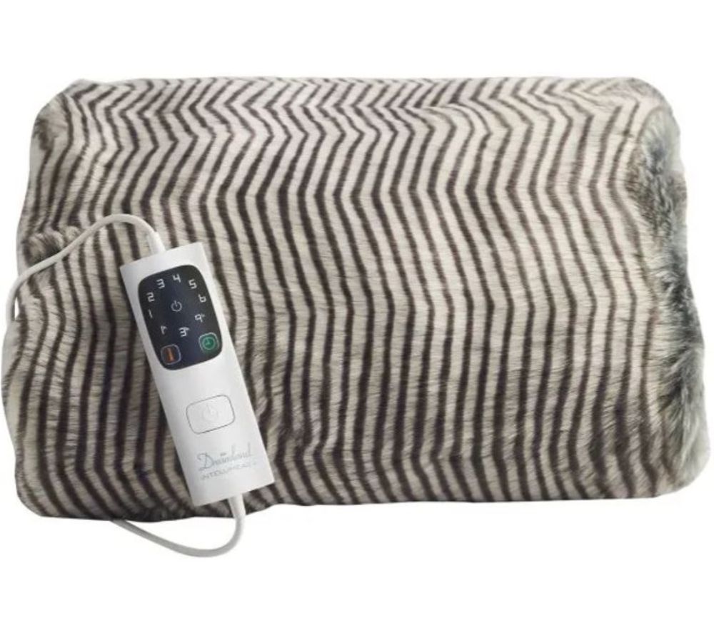 Luxury zebra-patterned faux fur warming throw in shades of cream and black, featuring a remote control for temperature adjustment.