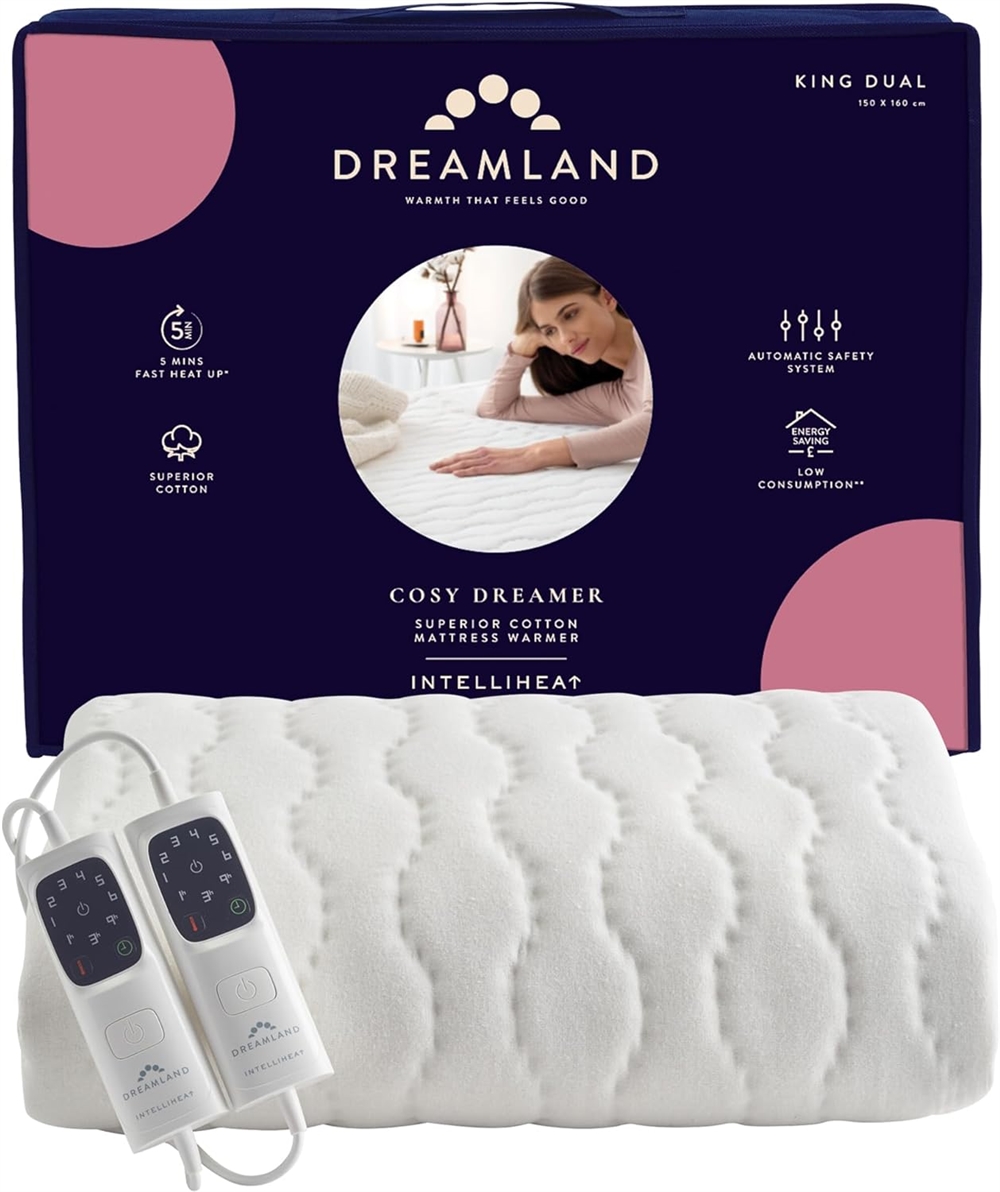 Dreamland Multi-Layer Luxury Cotton Underblanket in king size, featuring a soft white cotton surface, dual controls, and a navy blue packaging with a cozy design.