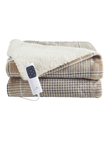 Beige tartan check overblanket with a soft sherpa lining, featuring a remote control for adjustable warmth, neatly folded and layered.