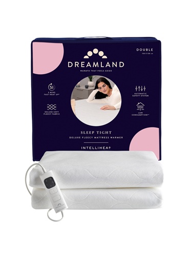 Dreamland Sleep Tight Deluxe Fleecy Mattress Warmer in double size, featuring a soft white fleece material and a control panel for adjustable heat settings, packaged in a navy and purple box.