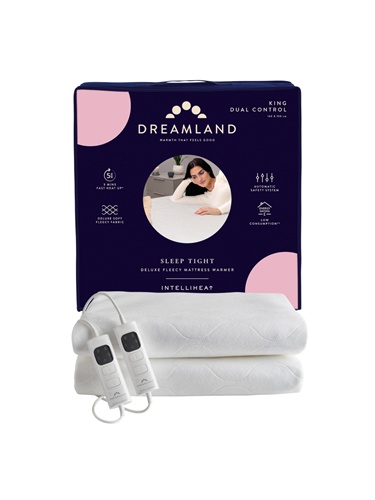 King-sized dual control mattress warmer in soft white fleece, featuring two remote controls, packaged in a navy blue box with pink accents and product details.