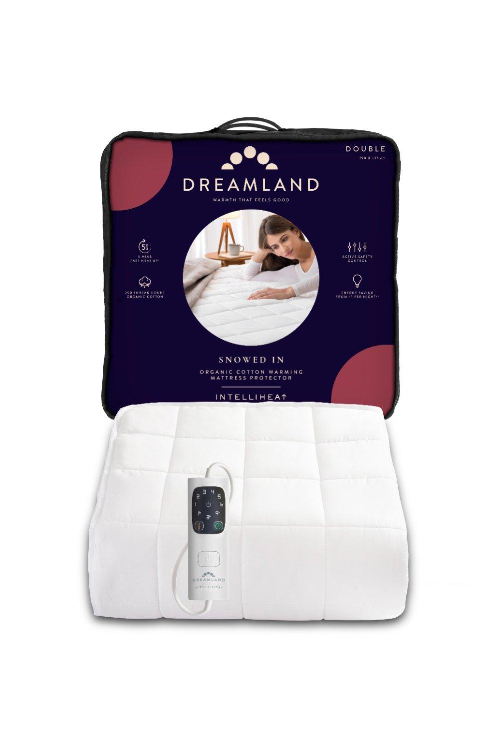 White electric mattress protector in double size, featuring a soft quilted design and a remote control for adjustable heating, packaged in a sleek black and purple box.