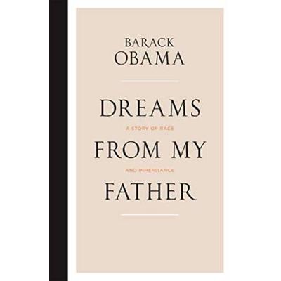 A softcover book with a beige cover featuring the title "Dreams from My Father" in bold black font, authored by Barack Obama, with a minimalist design and a black spine.