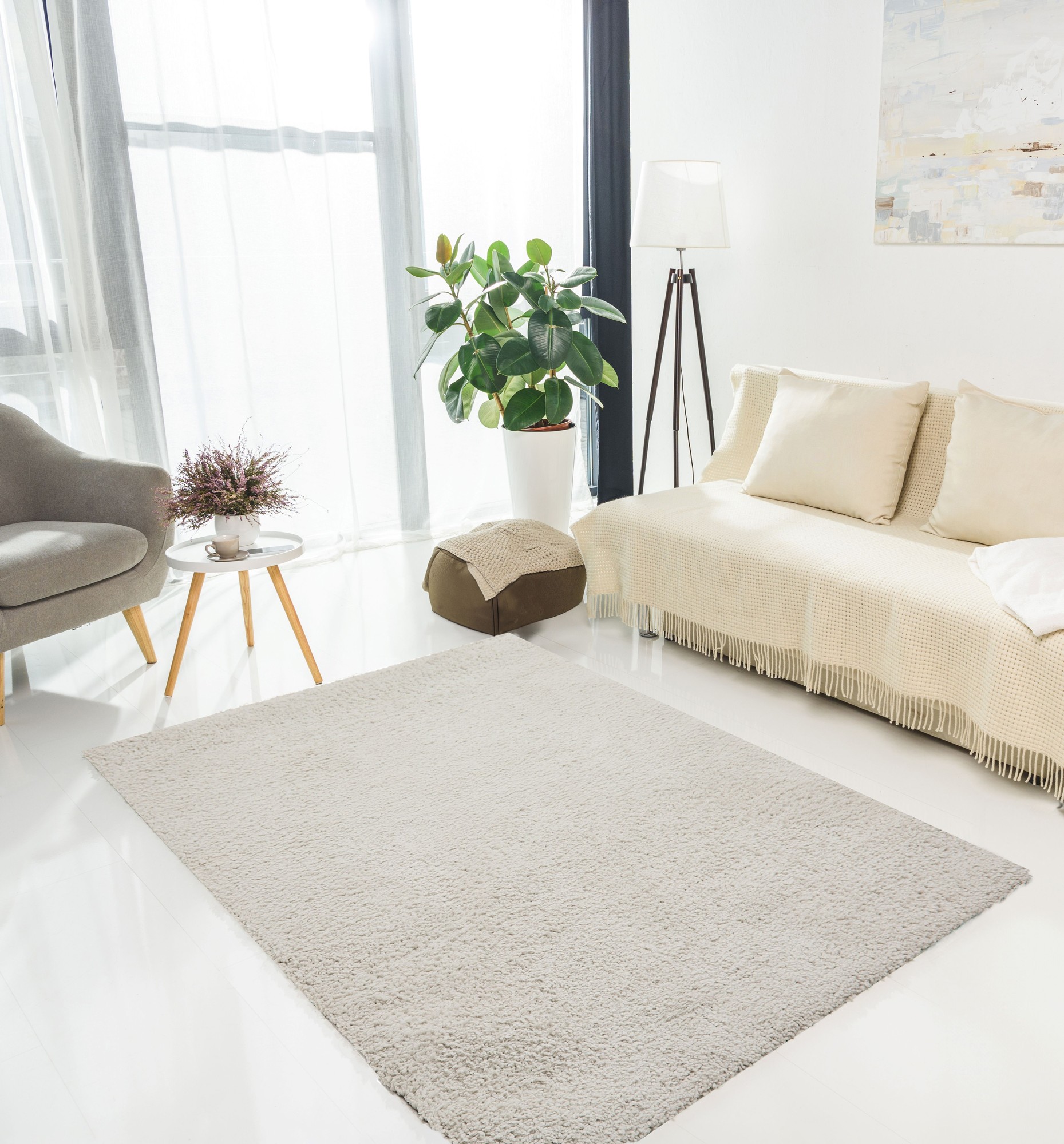 Soft, plush silver rug with a luxurious texture, set in a bright room featuring a light sofa, potted plant, and modern decor elements.
