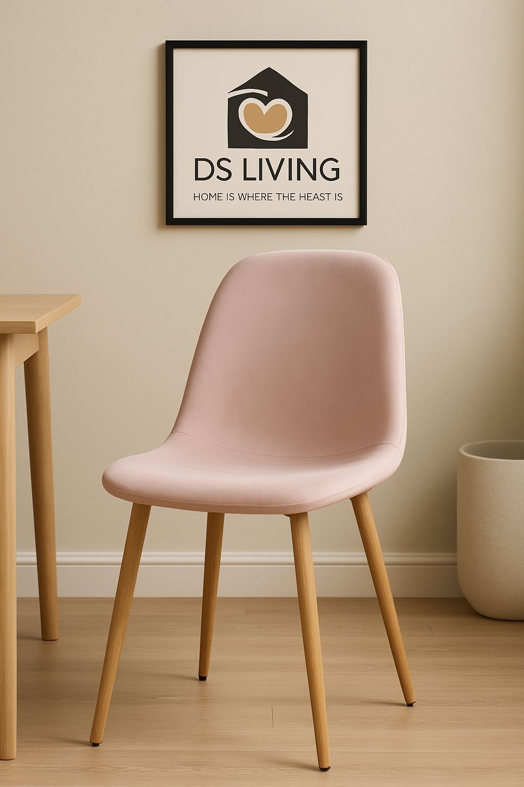 Heavenly pink dining chair with a smooth wood-printed coating and light wood legs, set against a neutral wall and a framed logo of DS Living.