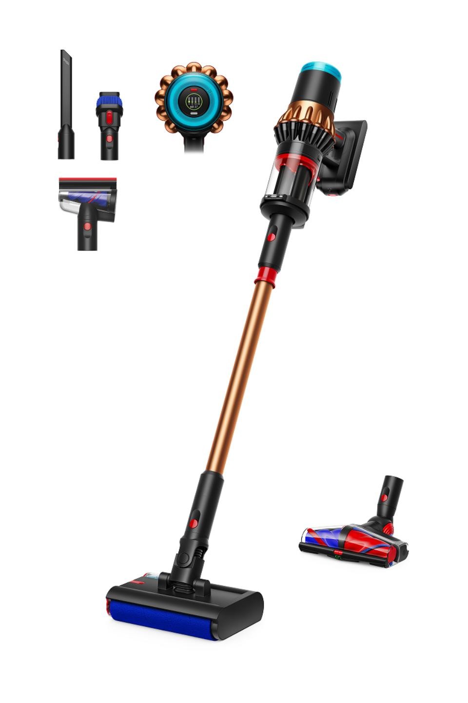 Dyson V16 Piston Animal vacuum in black and copper, featuring a sleek design, multiple attachments, a blue brush head, and a digital display on the handle.
